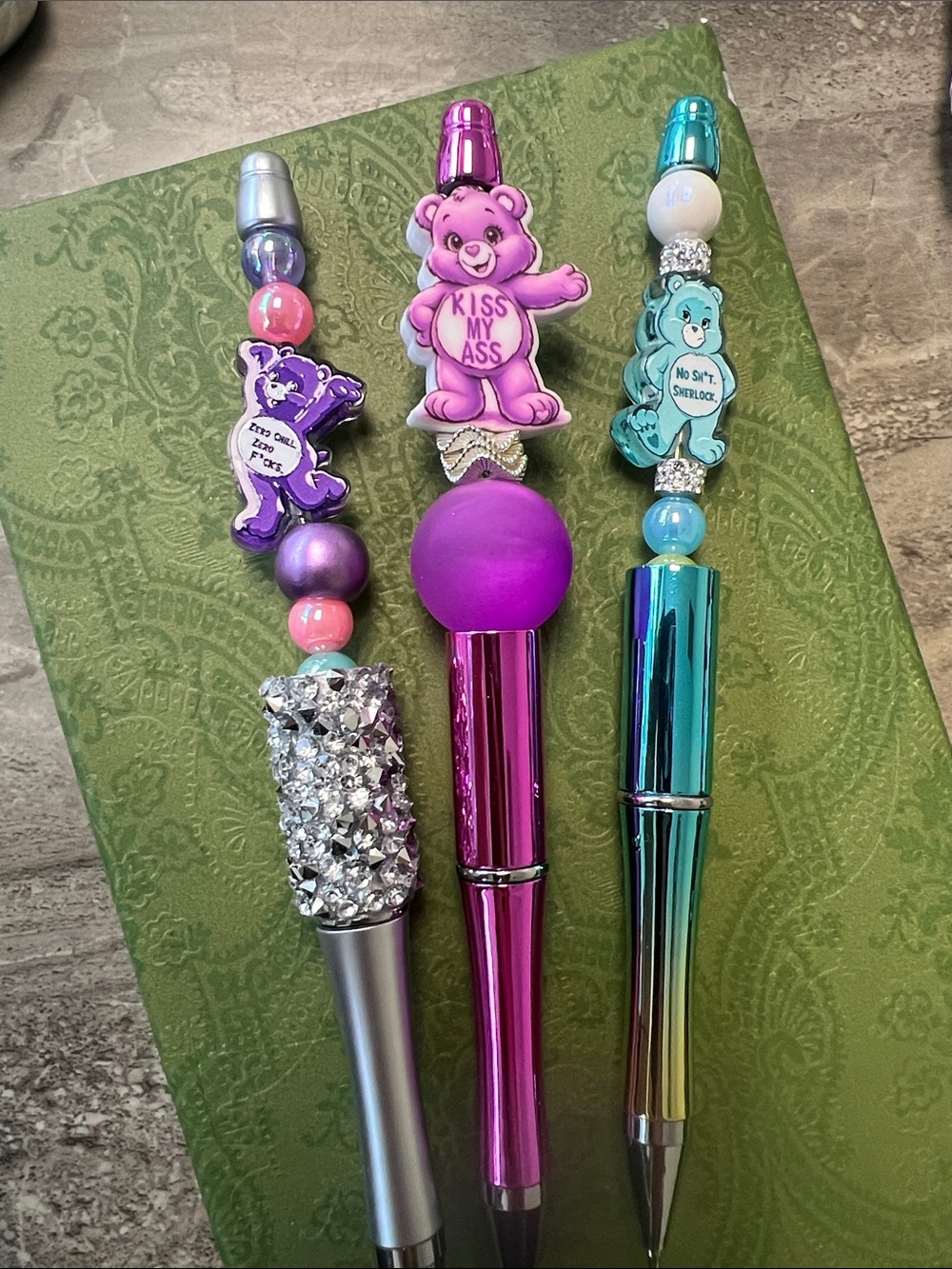 3x bear Beaded Pen - Pink, Purple, Teal gift bad words naughty new set